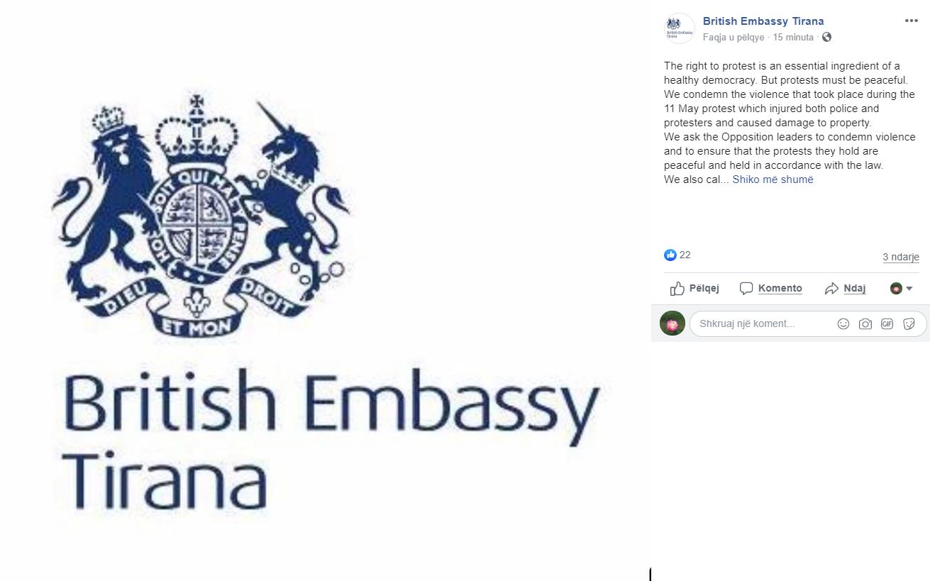 Ambasada britanike apel opozitës: Dialogu e vetmja zgjidhje, jo dhuna