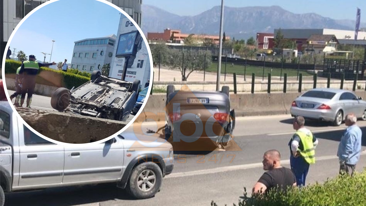 FOTO/ Makina në “fluturim” në autostradën Tiranë-Durrës, përmbyset në mes të rrugës