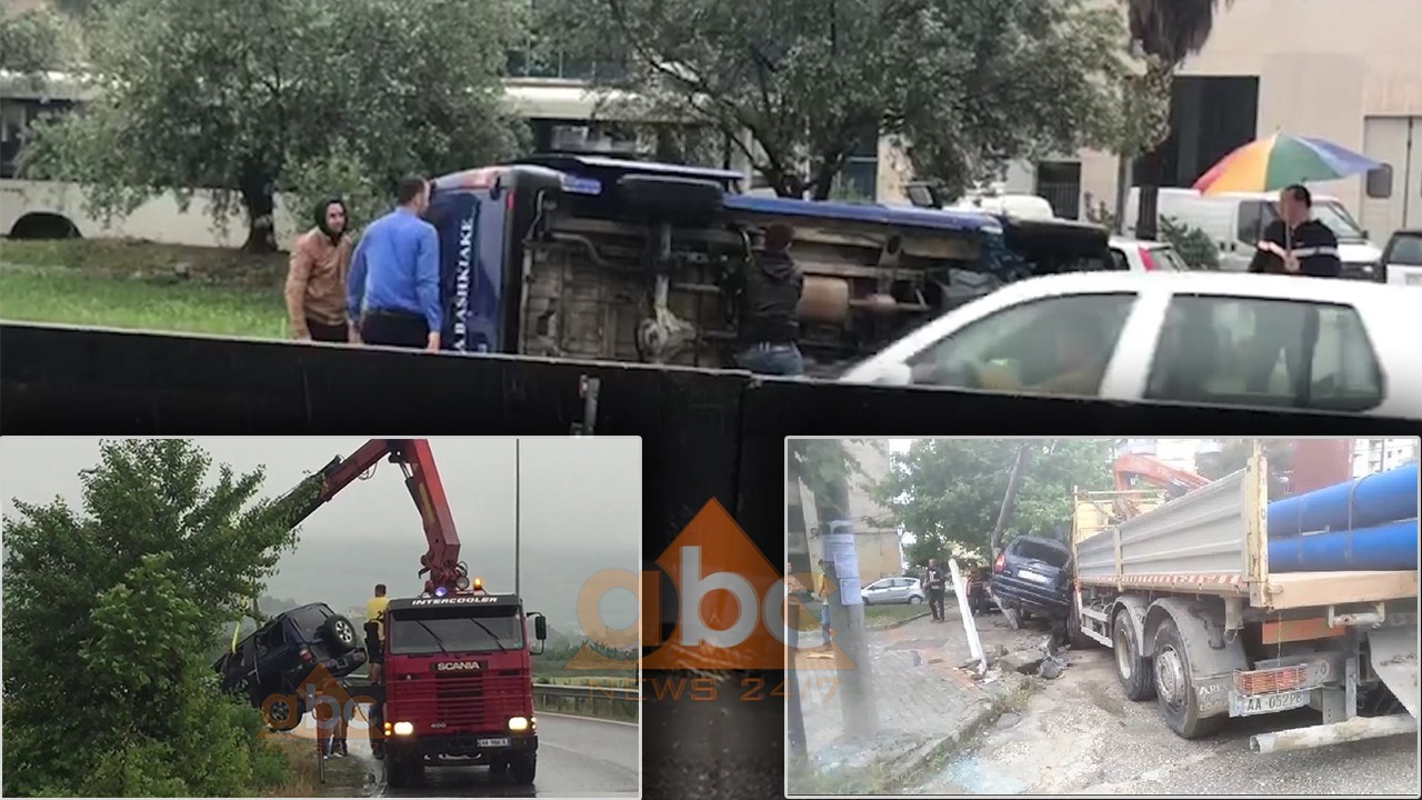Makina të përmbysura e shtylla të rrëzuara, reshjet e shiut bëhen shkak për 5 aksidente në vend