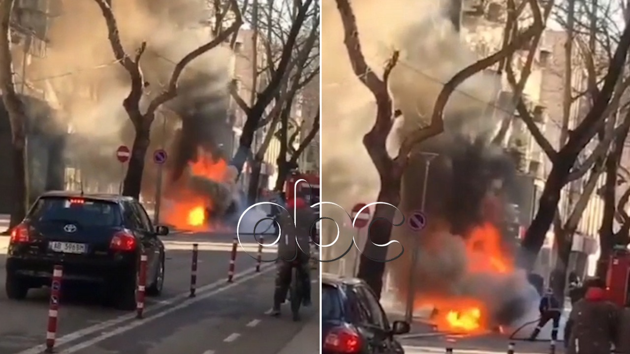 VIDEO/ Shpërthen në flakë makina në Tiranë, zjarr i madh te “Myslym Shyri”