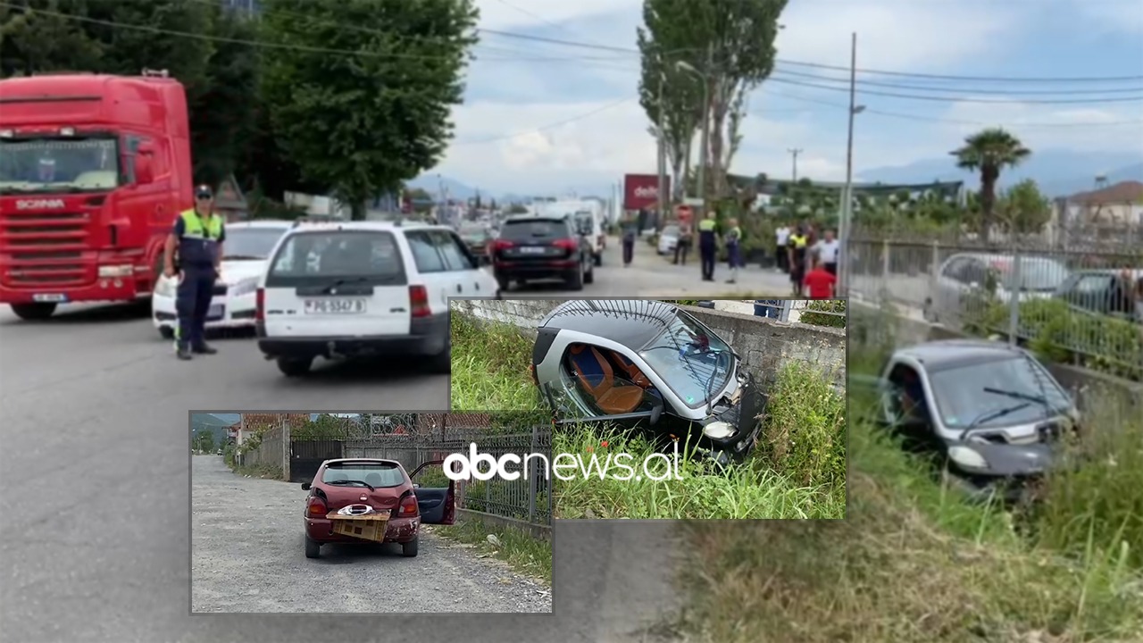 Përplasen dy makina në Elbasan, njëra përfundon në kanal, lëndohet një person