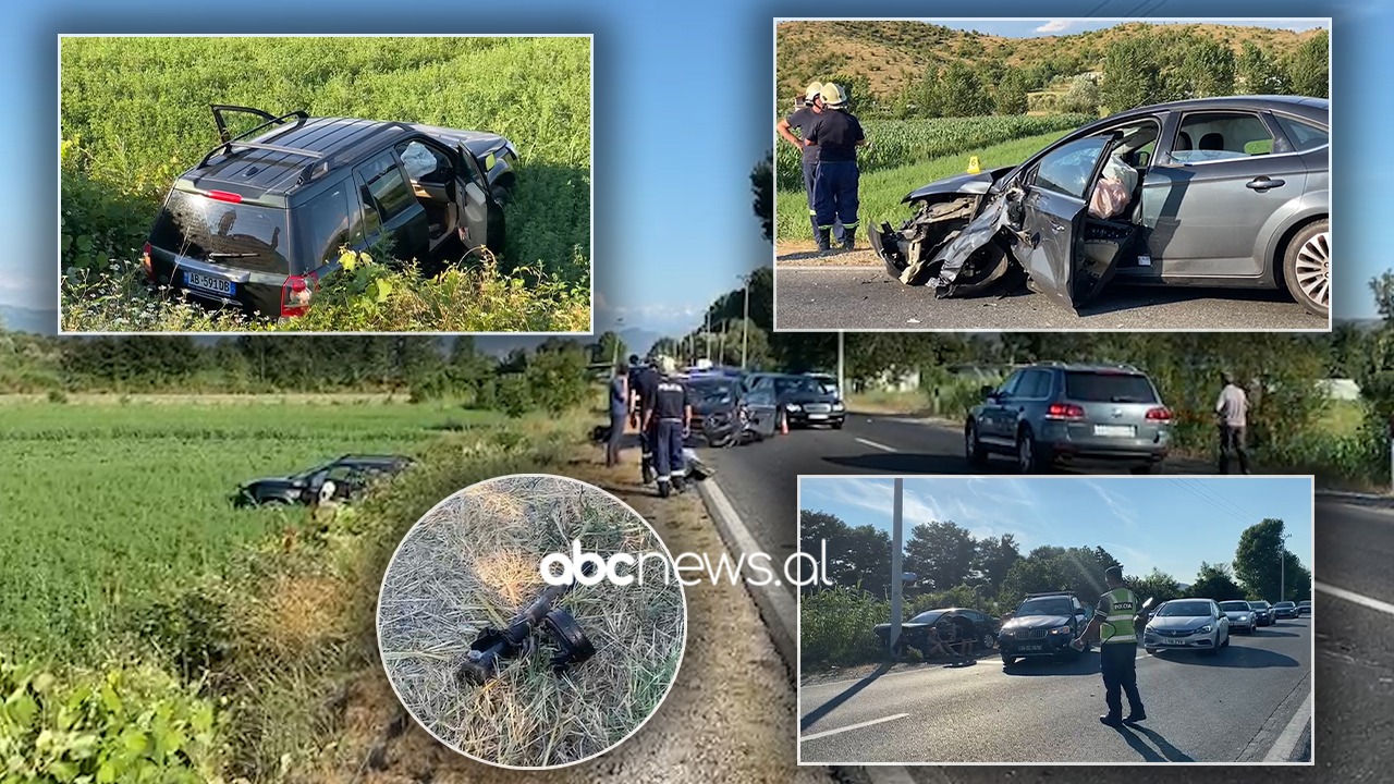 Aksidenti në Lezhë, “Land Rover”-i në jonxhë, vajza e tronditur ulet pranë “Passat”-it që ia futi shtyllës