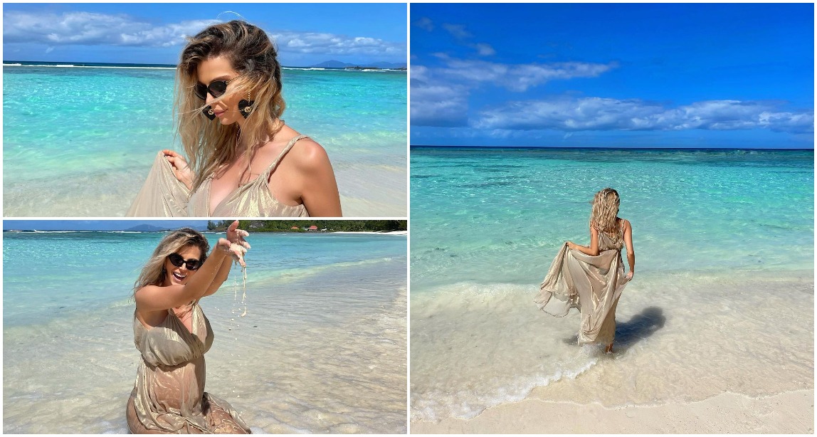 Marina shijon pushimet në ishujt Seychelles, vë në pah barkun e rrumbullakosur me fustanin transparent