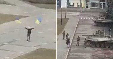 VIDEO/ Qytetari valëvit flamurin ukrainas përpara tankeve ruse