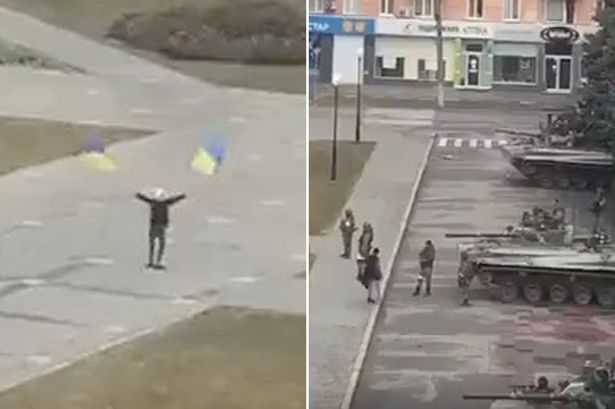 VIDEO/ Qytetari valëvit flamurin ukrainas përpara tankeve ruse