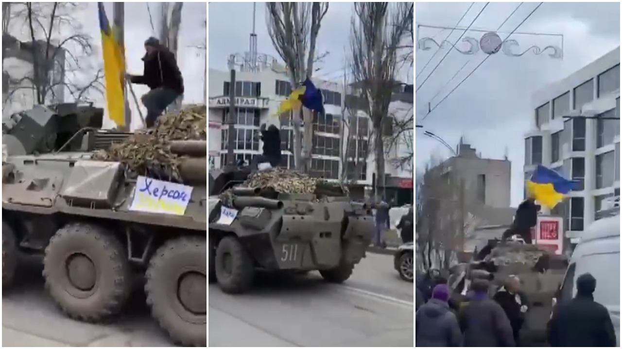VIDEO/ Qytetari hipën mbi blind dhe valëvit flamurin ukrainas para ushtarëve rusë