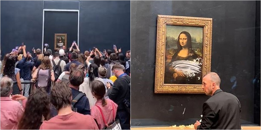 Pamjet që po bëjnë xhiron e rrjetit, një burrë i maskuar si grua “përlyen” me tortë Mona Lisa-n në Louvre