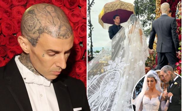 FOTO/ Barker e mban tatuazh në kokë, Kardashian e qëndisi në vello, detaji i veçantë nga dasma e çiftit të famshëm