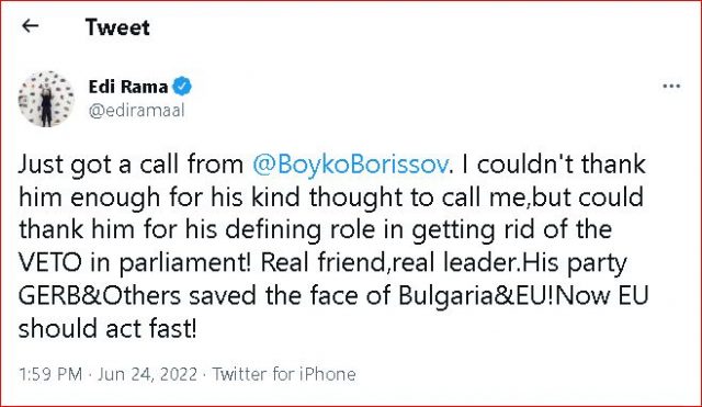 Votimi për heqjen e vetos/ Reagon Rama: Partia e Borisov shpëtoi fytyrën e Bullgarisë dhe BE-së
