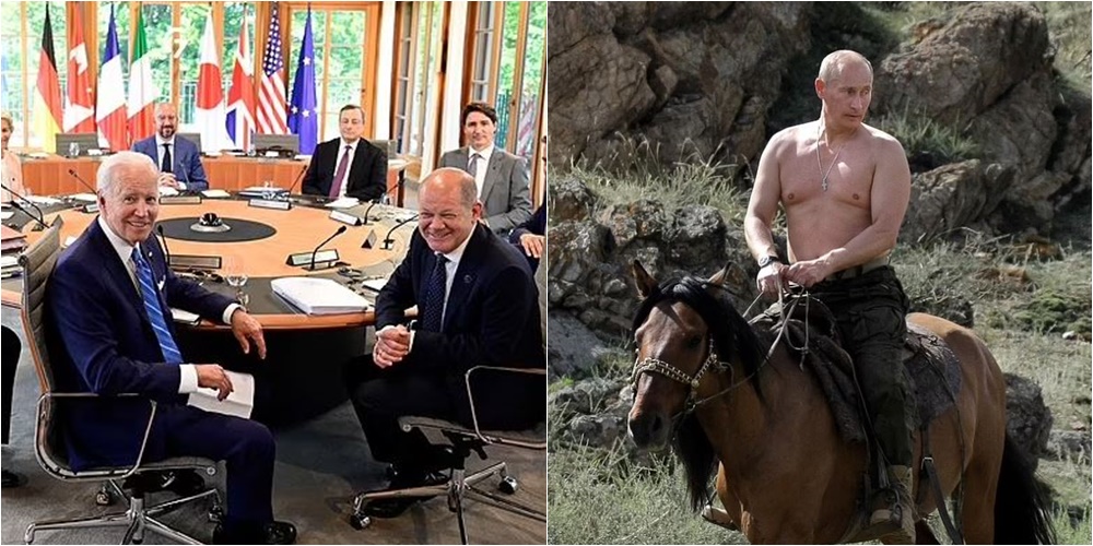 “Do t’i mbajmë apo jo xhaketat?” Liderët e G7 “tallen” me foton e Putinit gjysmë lakuriq mbi kalë