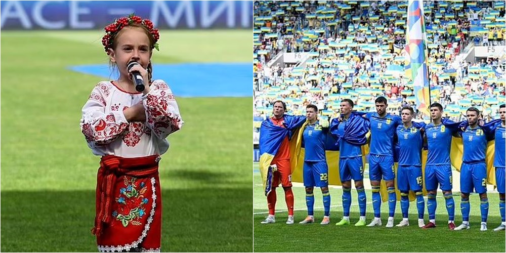 Vogëlushja nga Kievi këndon himnin e Ukrainës para ndeshjes së Kombëtares me Armeninë