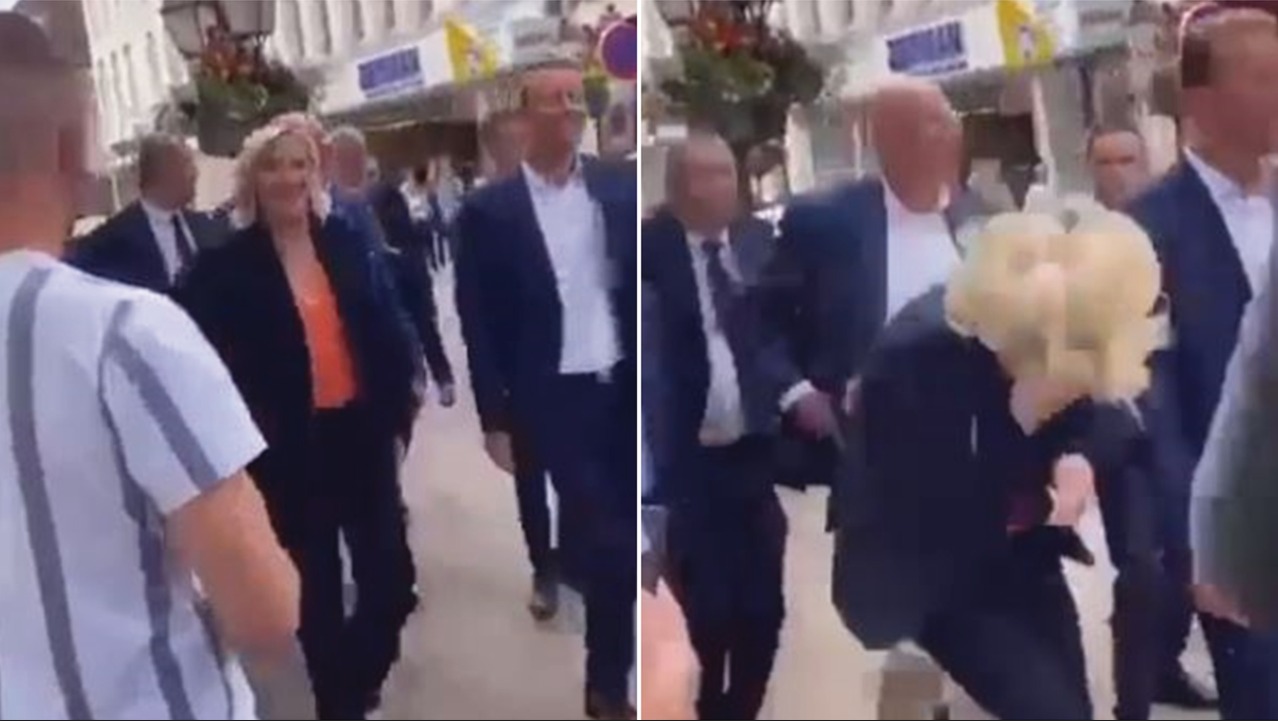 VIDEO/ Marine Le Pen goditet me breshëri vezësh, rrethohet menjëherë nga sigurimi