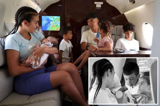 Cristiano Ronaldo dhe Georgina pozojnë me fëmijët teksa largohen për pushime