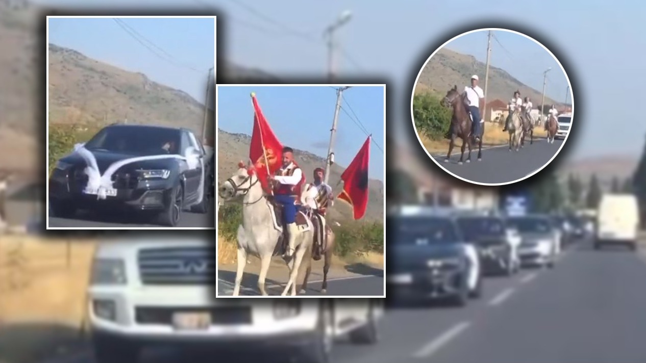 VIDEO/ Me kuaj e flamuj kuq e zi, dasma shqiptare merr vëmendjen rrugëve të Malit të Zi