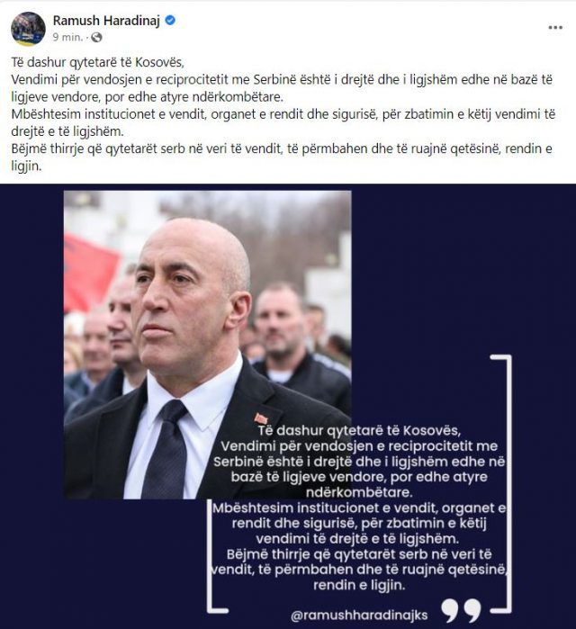 Reciprociteti/ Haradinaj apel qytetarëve serbë në veri të Kosovës: Ruani qetësi, vetëpërmbahuni