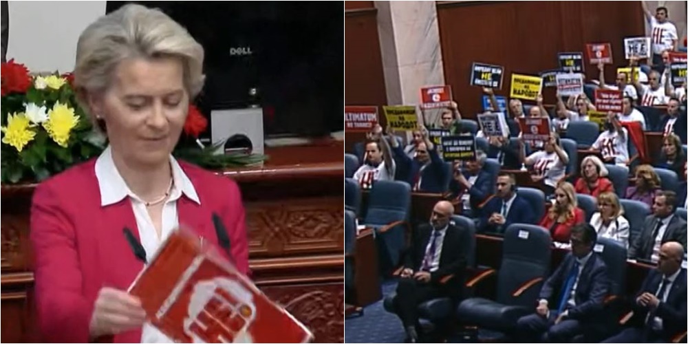 Deputetë të opozitës i hodhën pankartë në foltore, si reagoi Von der Leyen në parlamentin maqedonas