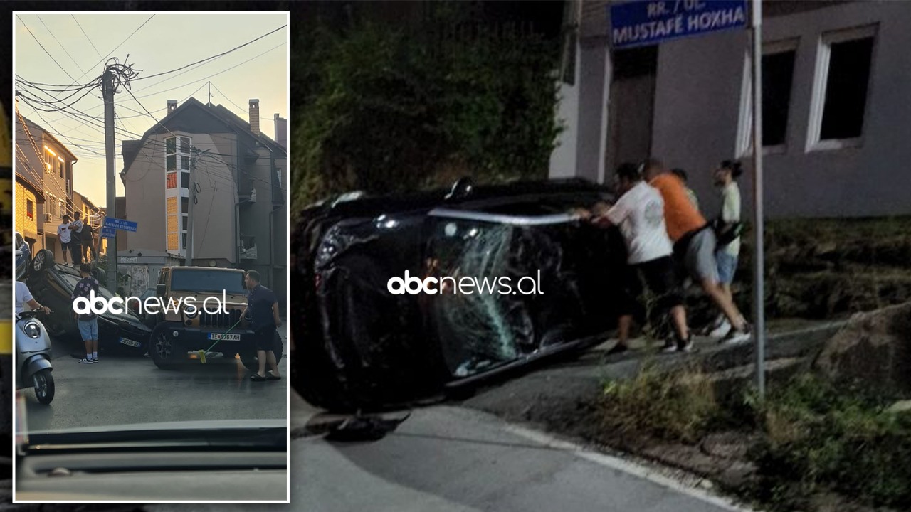 Makina me targa shqiptare aksidentohet në Prishtinë, përmbyset në mes të kryqëzimit