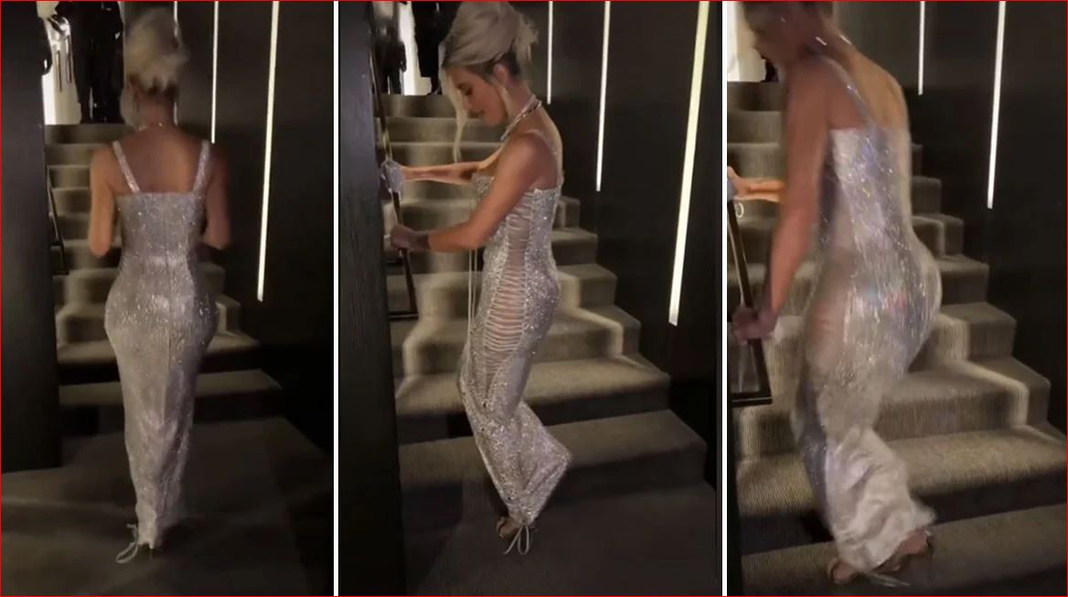 Video gazmore e Kim Kardashian teksa “lufton” për të ngjitur shkallët me fustanin e ngushtë