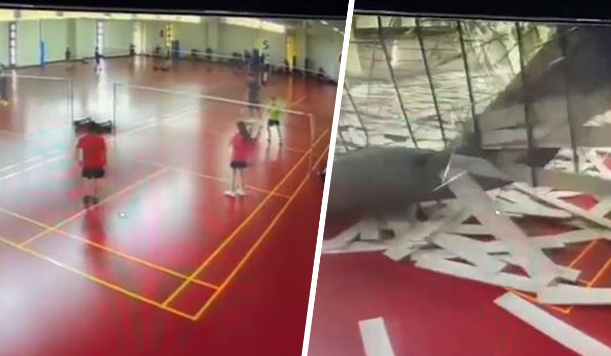 VIDEO/ Si nëpër filma, sportistët largohen me vrap ndërkohë që palestra u shembet mbi kokë