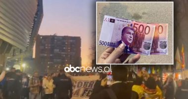VIDEO/ Çështja korruptive e Barçës, tifozët e Realit protestojnë duke hedhur kartëmonedha me fytyrën e Laportës