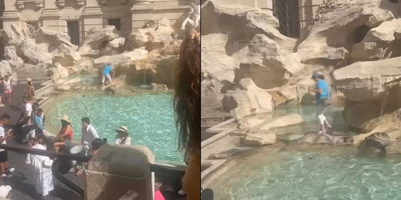 VIDEO/ E pazakontë/ Turistja në Romë ngjitet te shatërvani i Fontana Di Trevi për të mbushur shishen e ujit