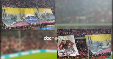 VIDEO/ “Me plis për Berlin”, “Tifozat Kuq e Zi” shpalosin banderolën gjigande në tribunën e “Air Albania”