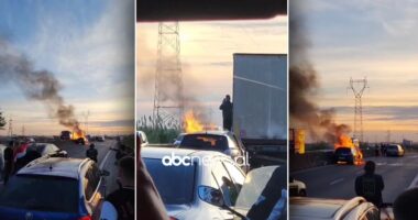 VIDEO/ Përfshihet nga flakët në ecje e sipër makina në autostradën Tiranë – Durrës