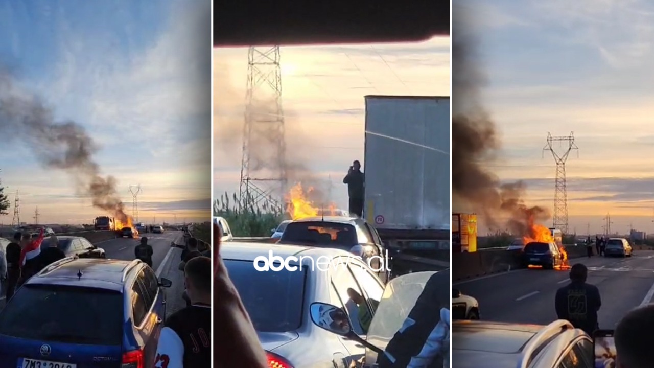 VIDEO/ Përfshihet nga flakët në ecje e sipër makina në autostradën Tiranë – Durrës