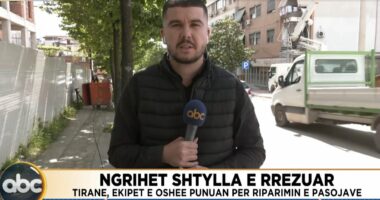 Tiranë/ Ngrihet shtylla që u rrëzua mbi makinë, grupet e OSHEE punuan për riparimin e pasojave
