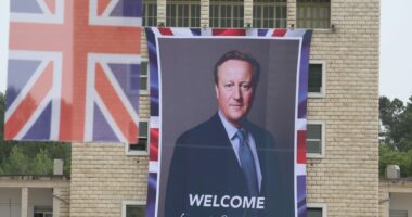 FOTO/ Vizita e Lord Cameron, Tirana shpalos posterin gjigand të sekretarit britanik