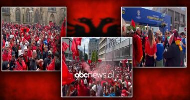 VIDEO/ Tifozët “skuqin” Dortmundin, mijëra shqiptarë dhurojnë spektakël në rrugët e qytetit gjerman