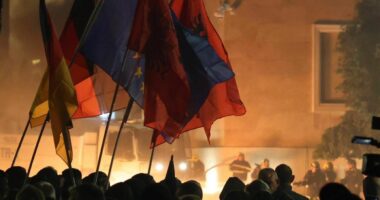 Protesta/ PS: Berisha molotovë mbështjellë me flamur të BE