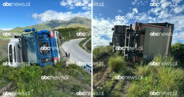 Aksident në aksin Skërficë – Sarandë/ Kamioni përmbyset në rrugë, shpëton shoferi
