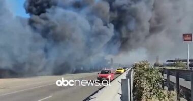 VIDEO/ Zjarr pranë autostradës Mamurras–Laç, përfshihen nga flakët sipërfaqe me ferra dhe shkurre