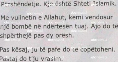 “Me vullnetin e Allahut kemi vendosur një bombë, do të copëtoheni”, ABC News siguron e-mail kërcënues që iu dërgua institucioneve