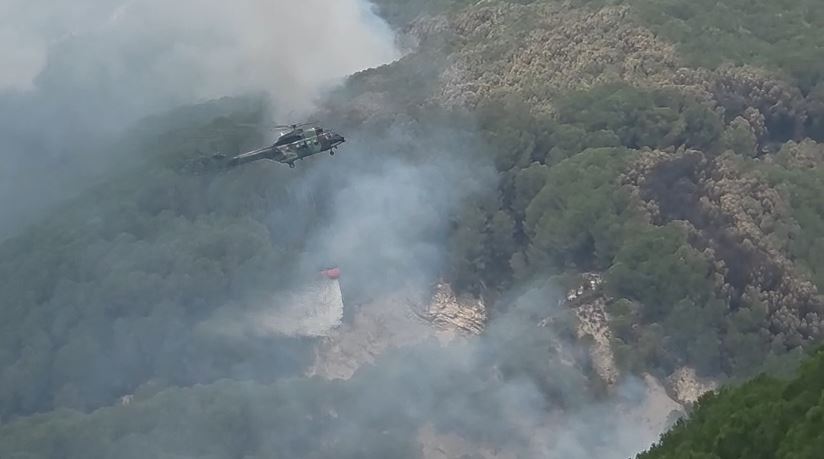 Zjarret në Mallakastër, situata e qëndrueshme/ Dy helikopterë operojnë nga ajri, dhjetëra forca në terren