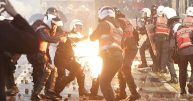 VIDEO/ Molotovi djeg policin. Kolegët e shuajnë zjarrin në trupin e tij
